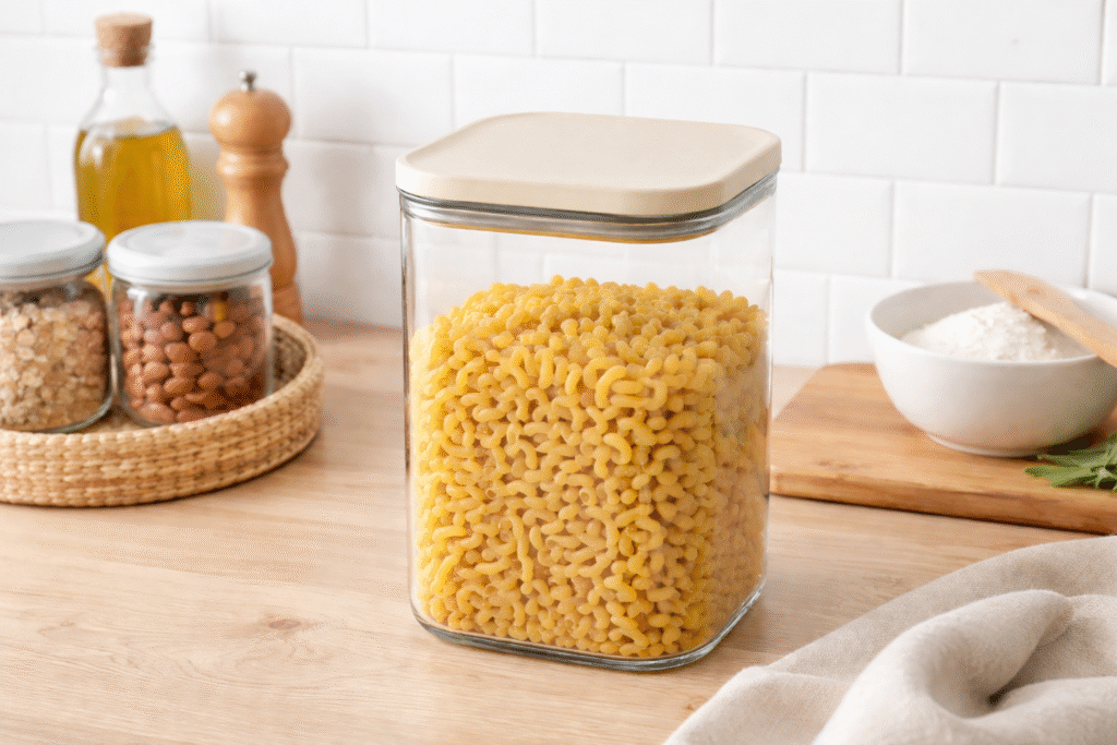 Glass airtight food storage container with dry pasta on a neutral kitchen counter